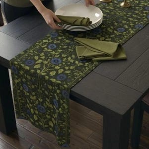 Elegant William Morris Arts and Crafts Floral Table Runner: Blue & Olive on Charcoal