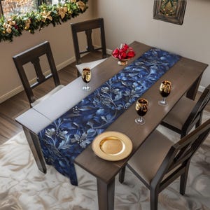 Elegant Silver & Blue Holly Leaf Christmas Table Runner - Moody Contemporary Holiday Decor