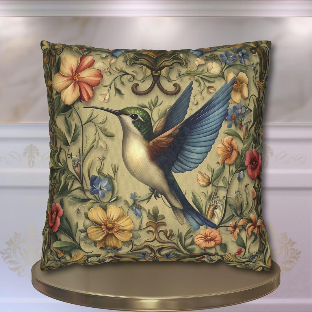 William Morris Inspired Hummingbird Garden Pillow Cover: Vintage