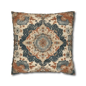 Persian Tribal-Inspired Medallion Pillow Cover | Indigo, Terracotta & Cream | Vintage Inspired Elegant Cushion Cover Decorative Case