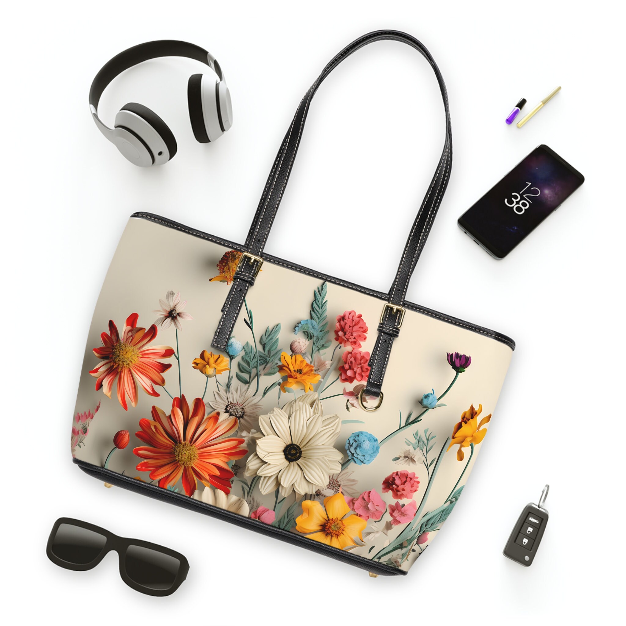 Vintage-inspired Wildflower Shoulder Bag: Oversized PU