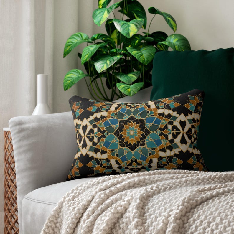 Moroccan Tilework Lumbar Pillow: Geometric Teal Cushion (20x14) image 2