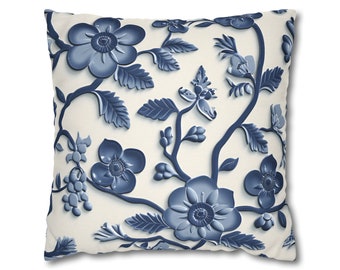 Chinoiserie Blue White Floral Pillow Cover | Elegant Traditional Pottery Pattern Decorative Case