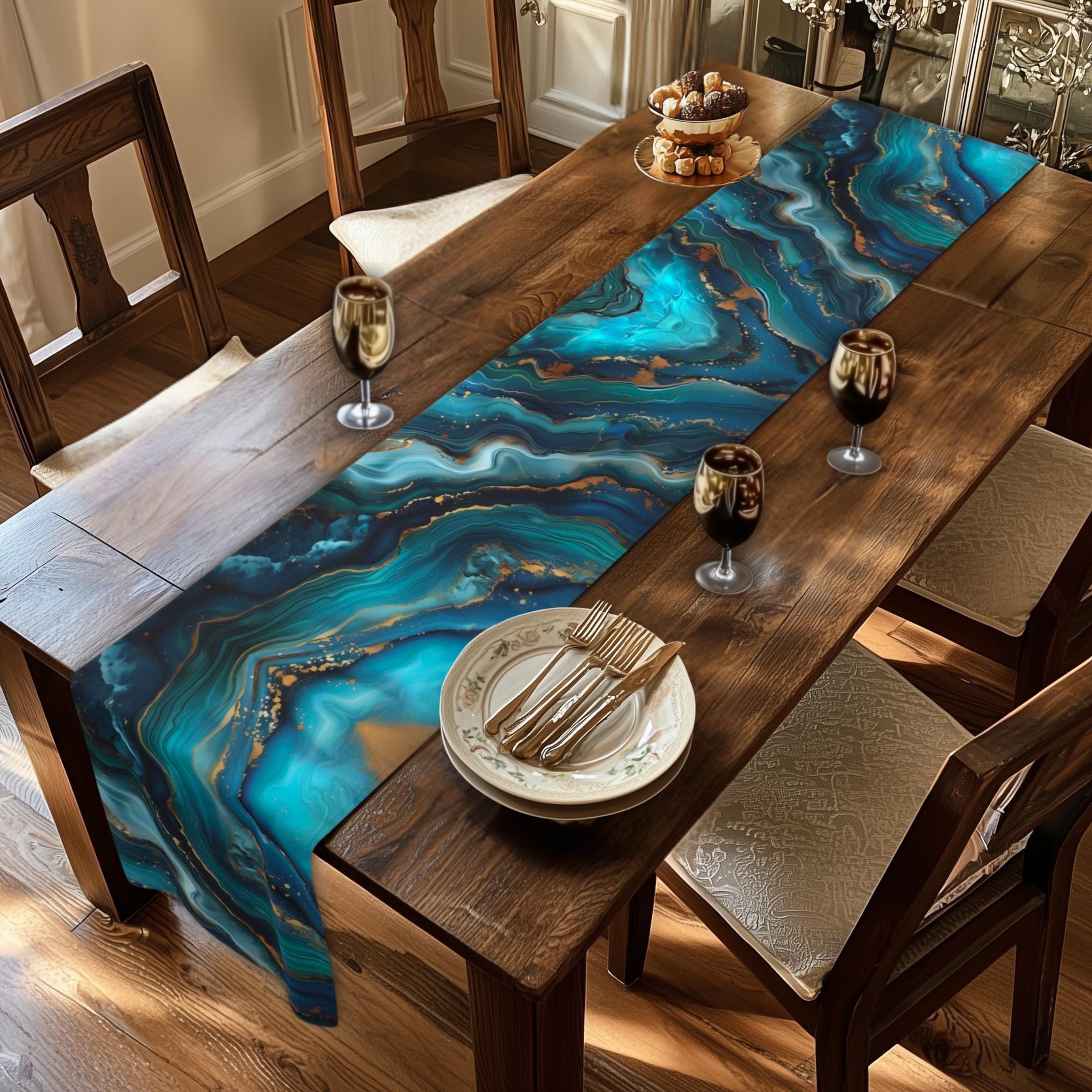 Wave Table Runner Pattern Elegant Ocean Wave Table Runner: Teal, Blue & Gold Accents for ...
