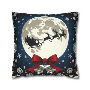 Festive Santa&#39;s Sleigh Holiday Throw Pillow Cover: Elegant Christmas Decor with Snowflakes and Bells