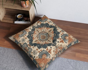 Persian Tribal-Inspired Medallion Tufted Floor Cushion Indigo, Terracotta & Cream Vintage Inspired Elegant Large Floor Pillow Seating