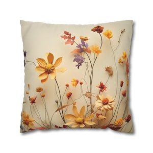 Autumn Wildflower Throw Pillow: Neutral Cream Background, Fall Home Decor, Farmhouse Botanical Cushion