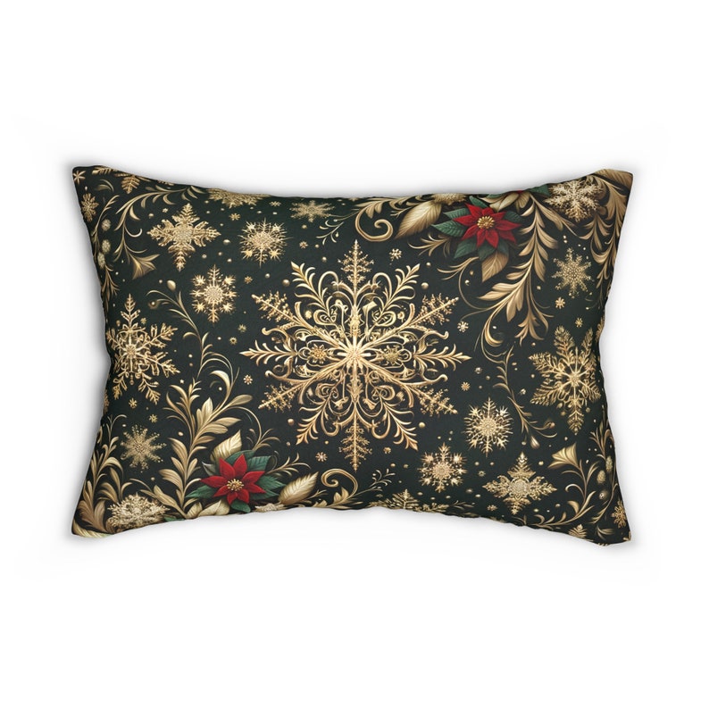 Poinsettia Christmas Holiday Lumbar Pillow Golden Snowflakes and