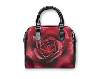 Designer Style Red Rose Shoulder Handbag | Elegant Floral with Black Trim | Stylish Single Large Rose Bloom PU Leather Bag | Gift for Her