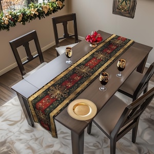 Vintage-Inspired Christmas Table Runner: Red, Gold & Green Snowflake Design for Elegant Holiday Decor