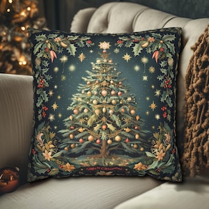 William Morris Christmas Tree Pillow Cover: Green & Midnight Blue Holiday Decor in Euro Sizes