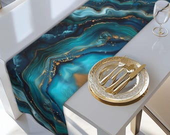 Elegant Ocean Wave Table Runner: Teal, Blue & Gold Accents for Sophisticated Dining Decor