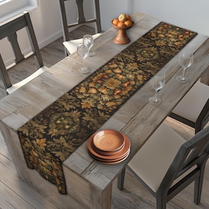 William Morris Inspired Autumn Harvest Tapestry Table Runner: Charcoal, Amber, Olive Seasonal Dining Decor