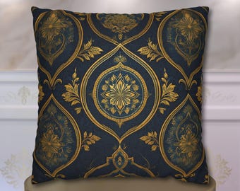 Navy & Gold Damask Pillow Cover: Vintage Style Floral Medallion Cushion