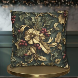 William Morris Inspired Holly & Berries Pillow Cover: Evergreen, Antique Gold, Cranberry