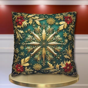 Christmas Snowflake Pillow Cover, Elegant Emerald Green and Gold Design, Luxury Cushion Cover