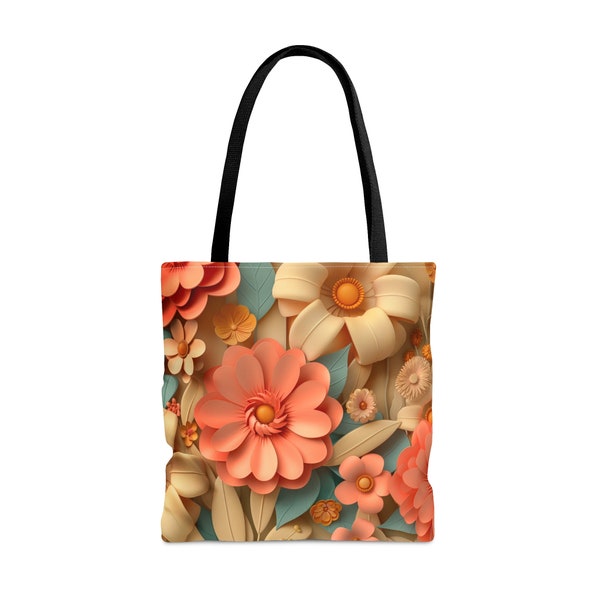 Floral Tapestry Tote Bag | Peach, Coral, Soft Yellow Flowers | Vibrant Garden Design | Dark Black Handles | Romantic Style Accessory
