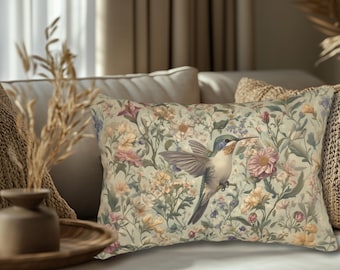 William Morris Inspired Hummingbird Tapestry Lumbar Pillow - Botanical Arts & Crafts Floral Cushion