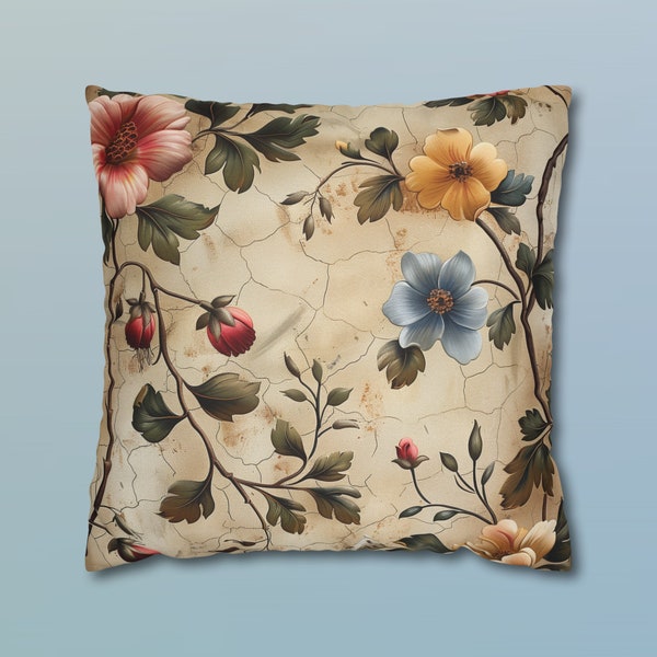 Floral Pillow Cover Italian Vintage Watercolor Inspired Design Soft Blue, Orange, and Red Blooms Rustic Beige Background Cushion Cover