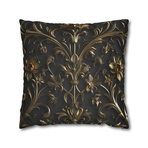 Federa per cuscino in stile barocco italiano / Lussuoso motivo floreale dorato su carbone / Design elegante e sofisticato per vestire il tuo spazio