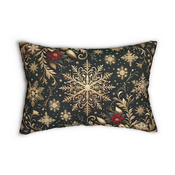 Poinsettia Christmas Holiday Lumbar Pillow: Golden Snowflakes and Emerald Elegance Decorative Lumbar Pillow