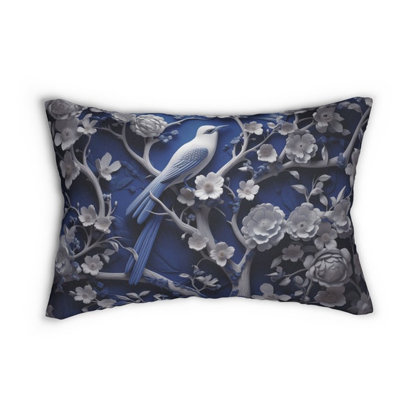 Chinoiserie Blue Bird Lumbar Pillow | Porcelain Look with White Blossoms | Elegant Home Decor Lumbar Cushion