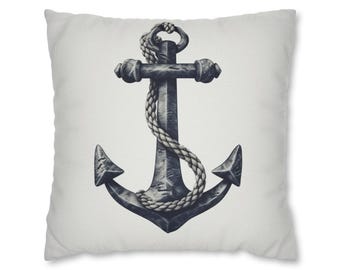 Vintage-Style Navy Blue Anchor Throw Pillow Cover - Nautical Decorative Case