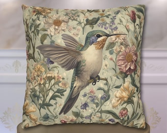 Botanical Hummingbird Tapestry Pillowcase: William Morris Inspired Arts & Crafts Floral Bird Cushion Cover