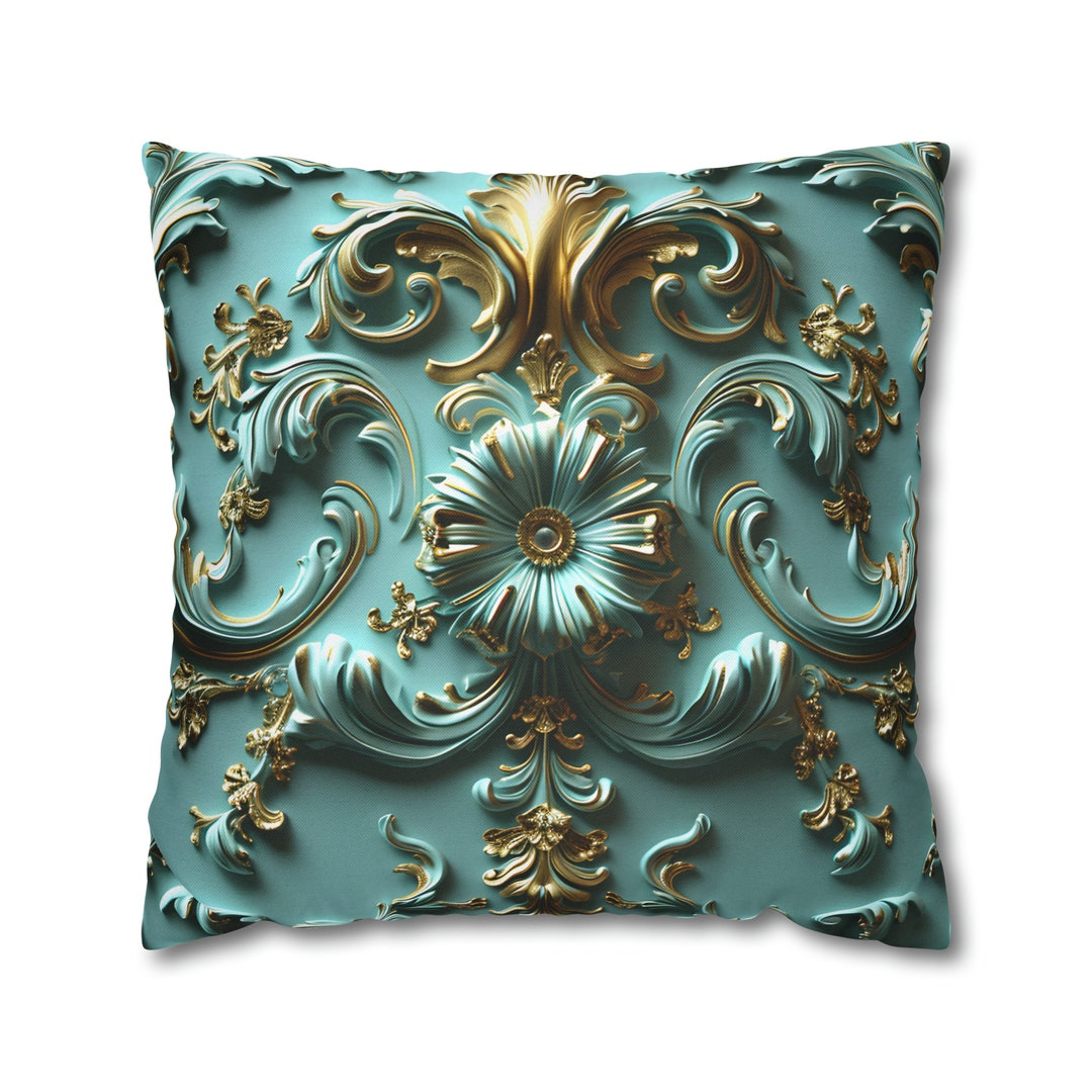 Dramatic Pillows Luxurious Baroque Teal & Gold Floral Throw Pillow Cover | Elegant ...