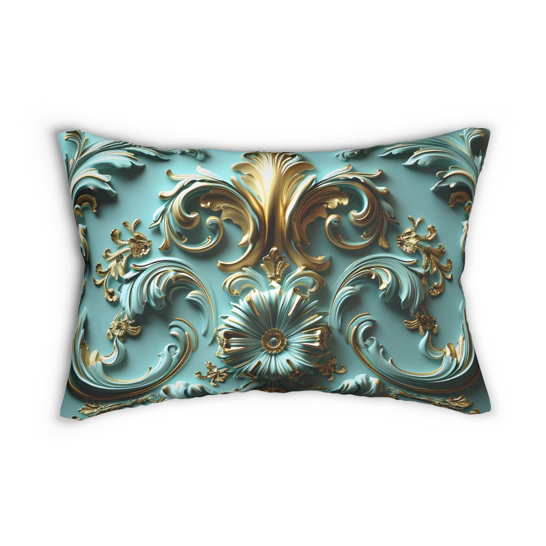 Dramatic Pillows Baroque Teal & Gold Lumbar Throw Pillow | Luxurious Floral and ...