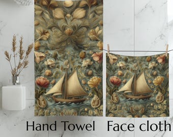 William Morris Inspired Hand Towel or Face Cloth: Nautical Coastal Floral Bath Decor