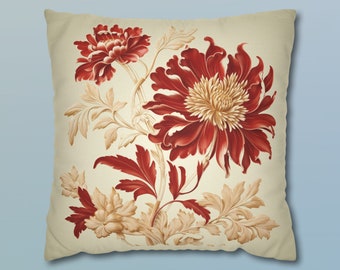 Chinoiserie bloemen kussensloop rood en beige chrysant ontwerp elegante woondecoratie kussenhoes voor een verfijnde en tijdloze esthetiek