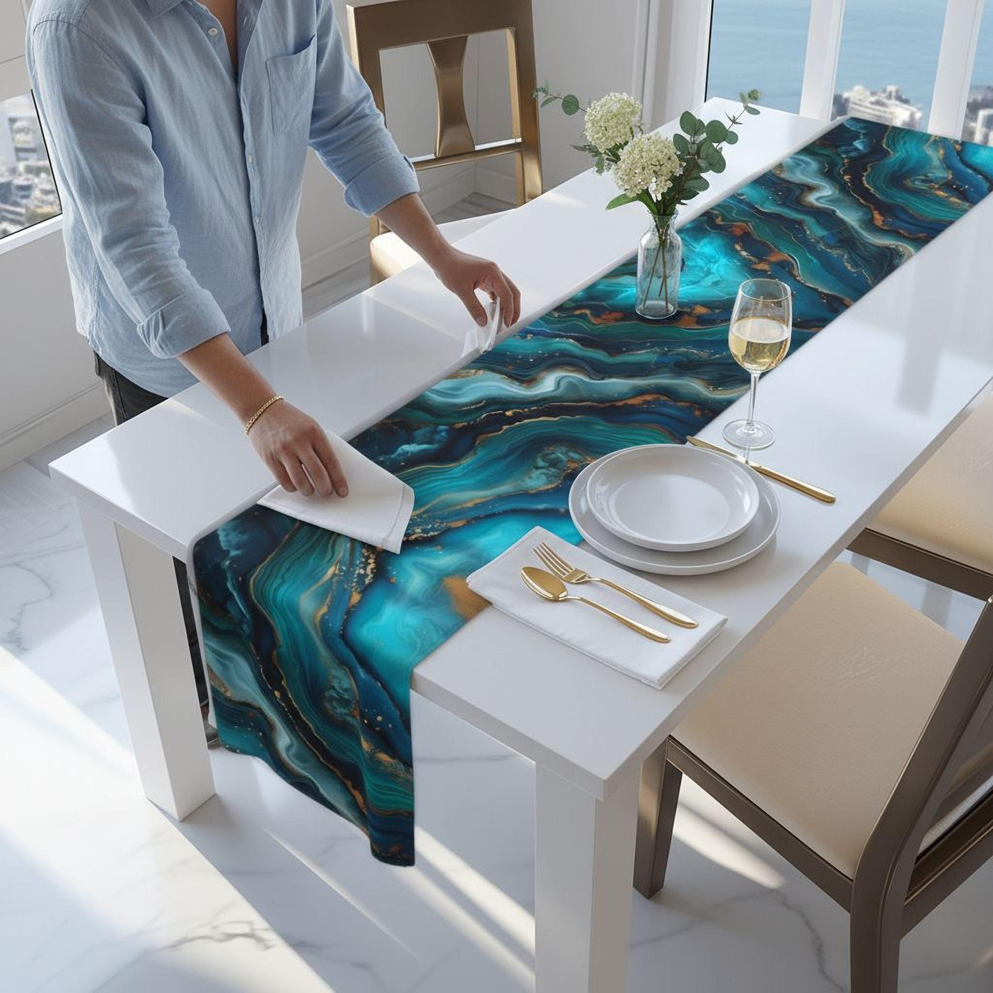Wave Table Runner Pattern Elegant Ocean Wave Table Runner: Teal, Blue & Gold Accents for ...