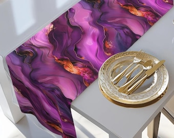 Abstract Plum Table Runner: Waves of Amethyst with Copper Fire Colored Accents