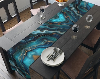 Elegant Ocean Wave Table Runner: Teal, Blue & Gold Accents for Sophisticated Dining Decor