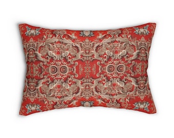 May include: A rectangular throw pillow featuring a vibrant red background with an intricate, symmetrical beige and light grey scrollwork pattern. The design includes ornate floral motifs and swirling filigree elements across the entire surface.