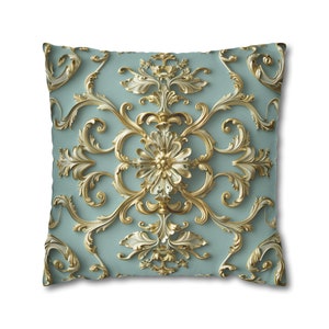 Italian Rococo Style Pillow Cover | Luxurious Gold Scrollwork on Soft Blue Classical & Ornate Design