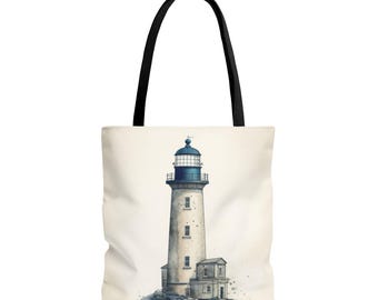 Coastal Lighthouse Tote: Durable Canvas Beach Bag in Blue - Nautical Carryall (S/M/L Available)