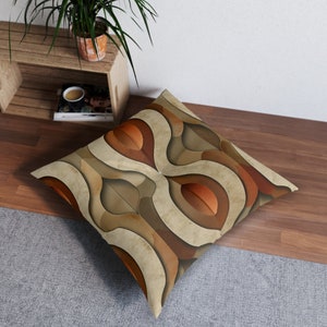Floor Cushion Seating Earth Tones, Brown, Beige, Burnt Orange Tufted Floor Pillow Vintage Style Mid-Century Modern floor Seating