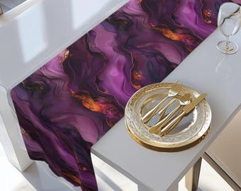 Abstract Plum Table Runner: Waves of Amethyst with Copper Fire Colored Accents