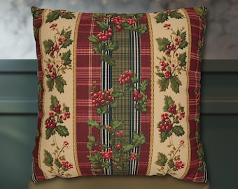 Christmas Pillow Cover: Classic Vintage Style Holly & Tartan Plaid in Red Green and Cream