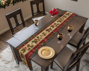 Christmas Table Runner: Classic Holly & Tartan Plaid
