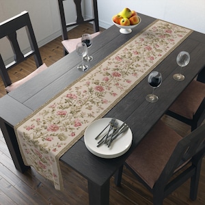 Floral Vintage Style Table Runner: Blush Rose & Sage Green, French Country Decor