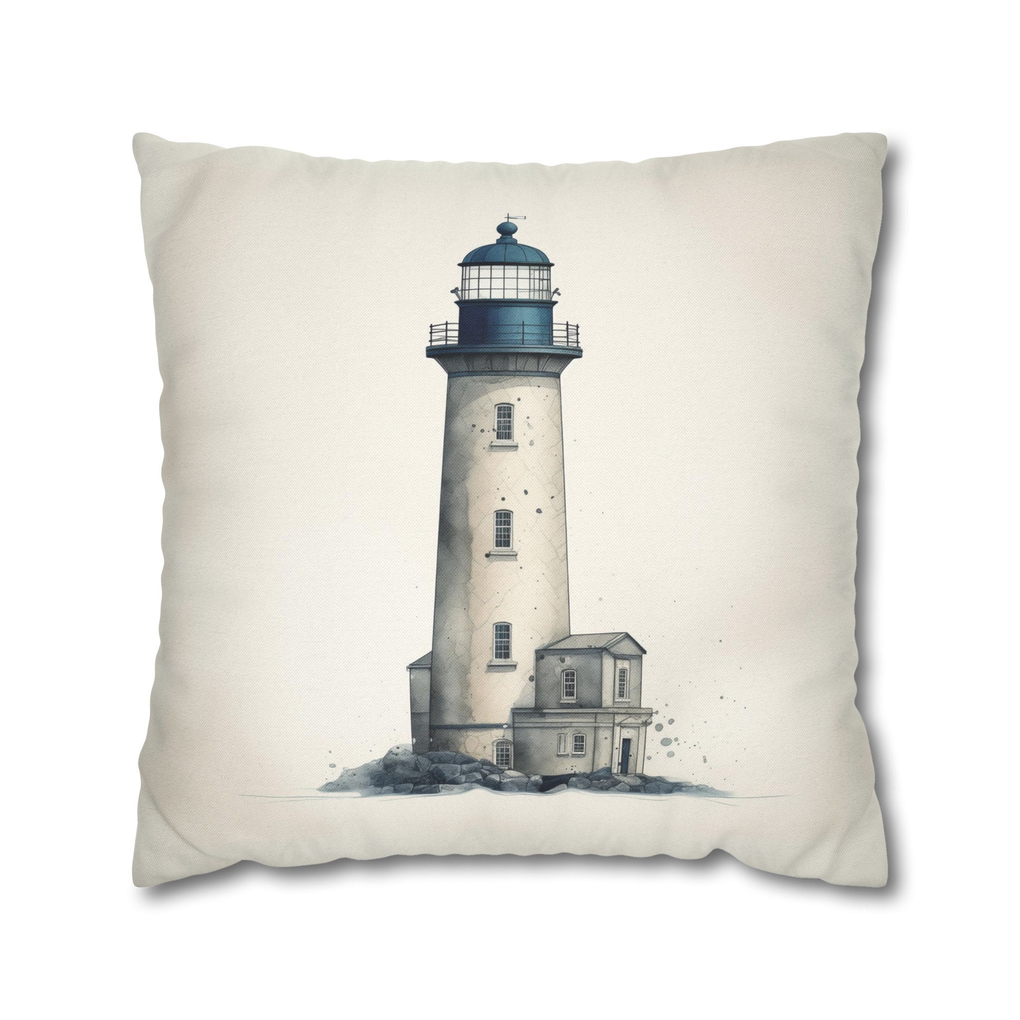 Rustic Nautical Lighthouse Throw Pillow Cover - Navy Blue & Grey Coastal Beach House Decor