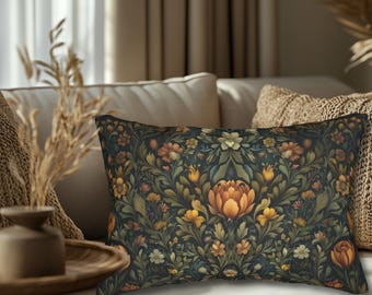 William Morris Botanical Lumbar Pillow: Golden Ochre Floral Tapestry