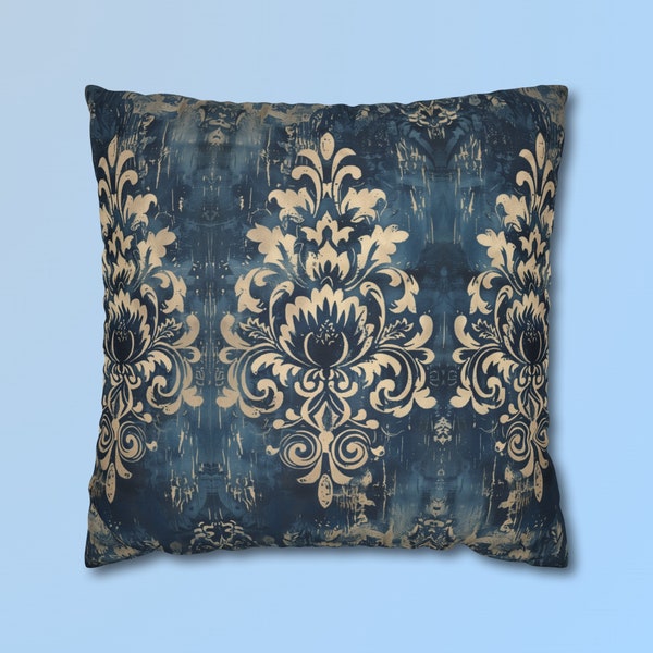 Navy Blue Damask Throw Pillow Cover: Vintage Style Farmhouse Decor