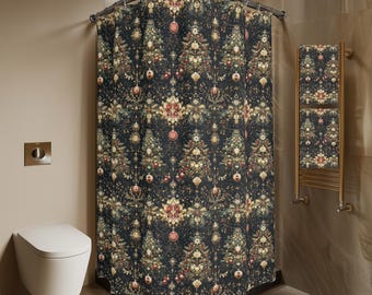 Luxe Christmas Tree Fabric Shower Curtain: Gold, Red & Green Holiday Decor