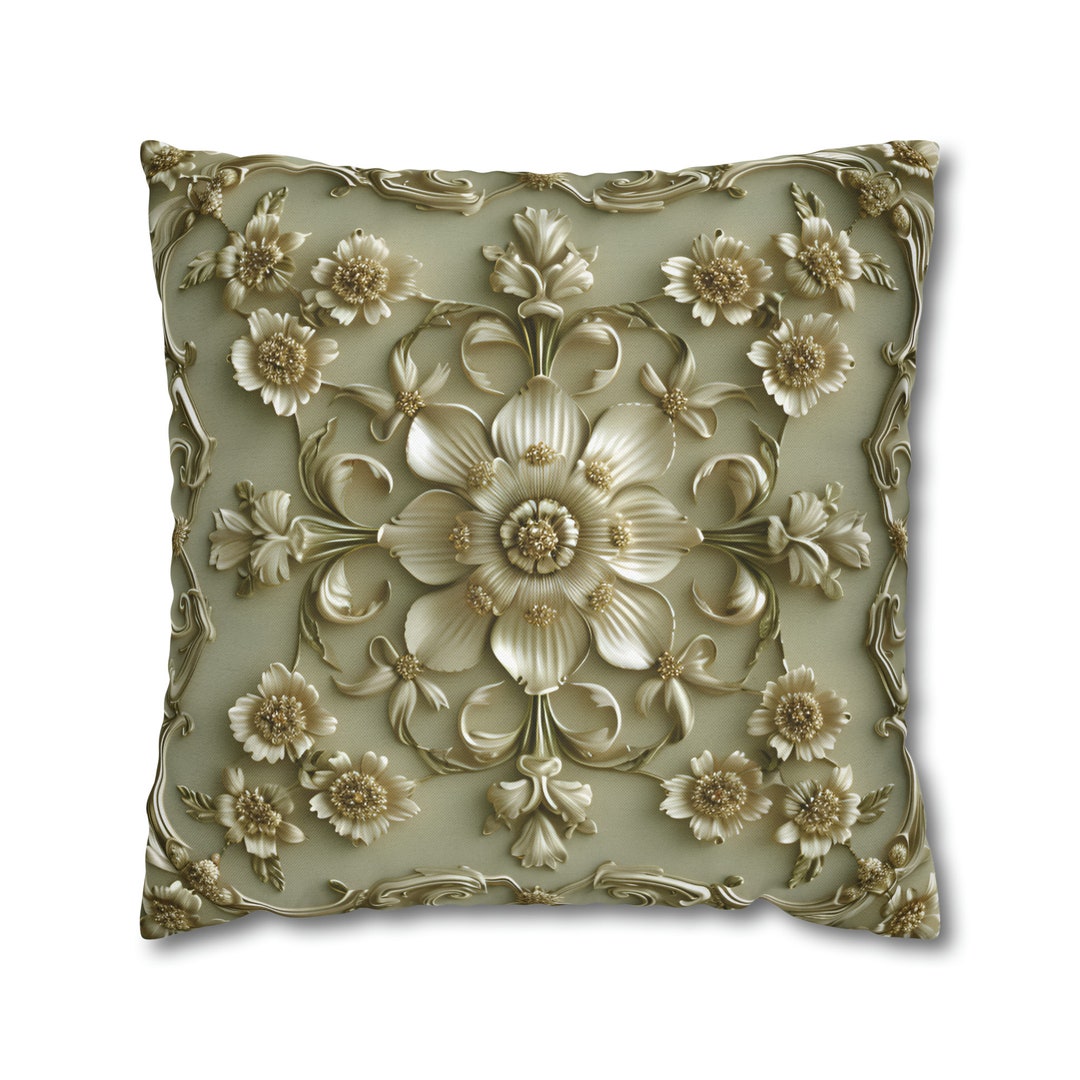 French Floral Sage Pillow Cover With Pale Gold Blooms on Sage Green, a ...