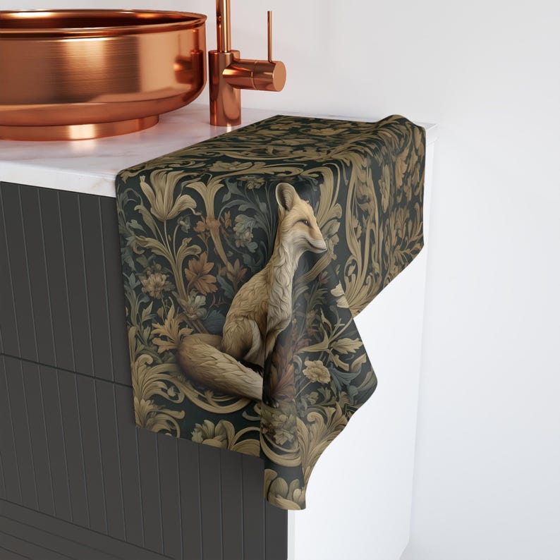 William Morris Fox Hand Towel: Dark Woodland Botanical Arts & Crafts Decor image 11