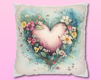 Heart-shaped Floral Wreath Pillowcase: Pastel Watercolor Cushion Cover for Romantic Home Decor
